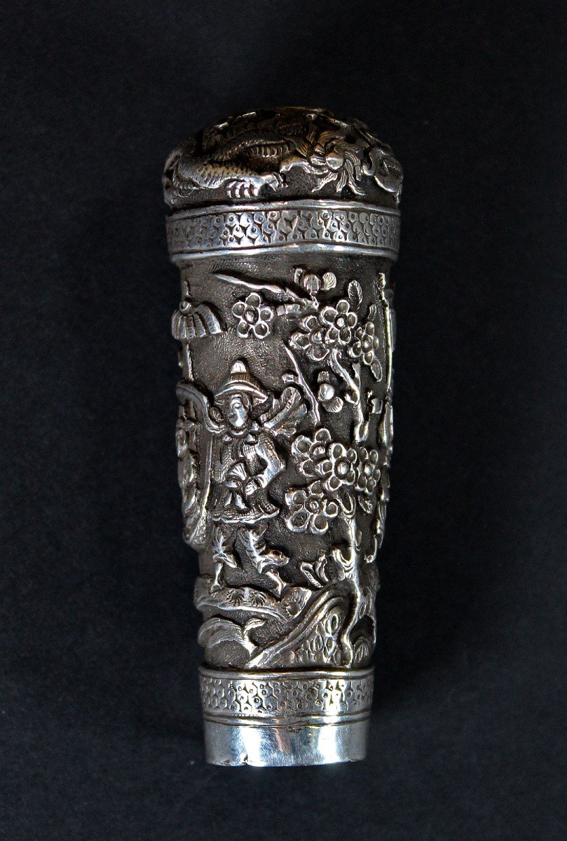 Antique Walking Stick Cane Handle  Chinese Solid Silver Vietnam Vietnamese -photo-3