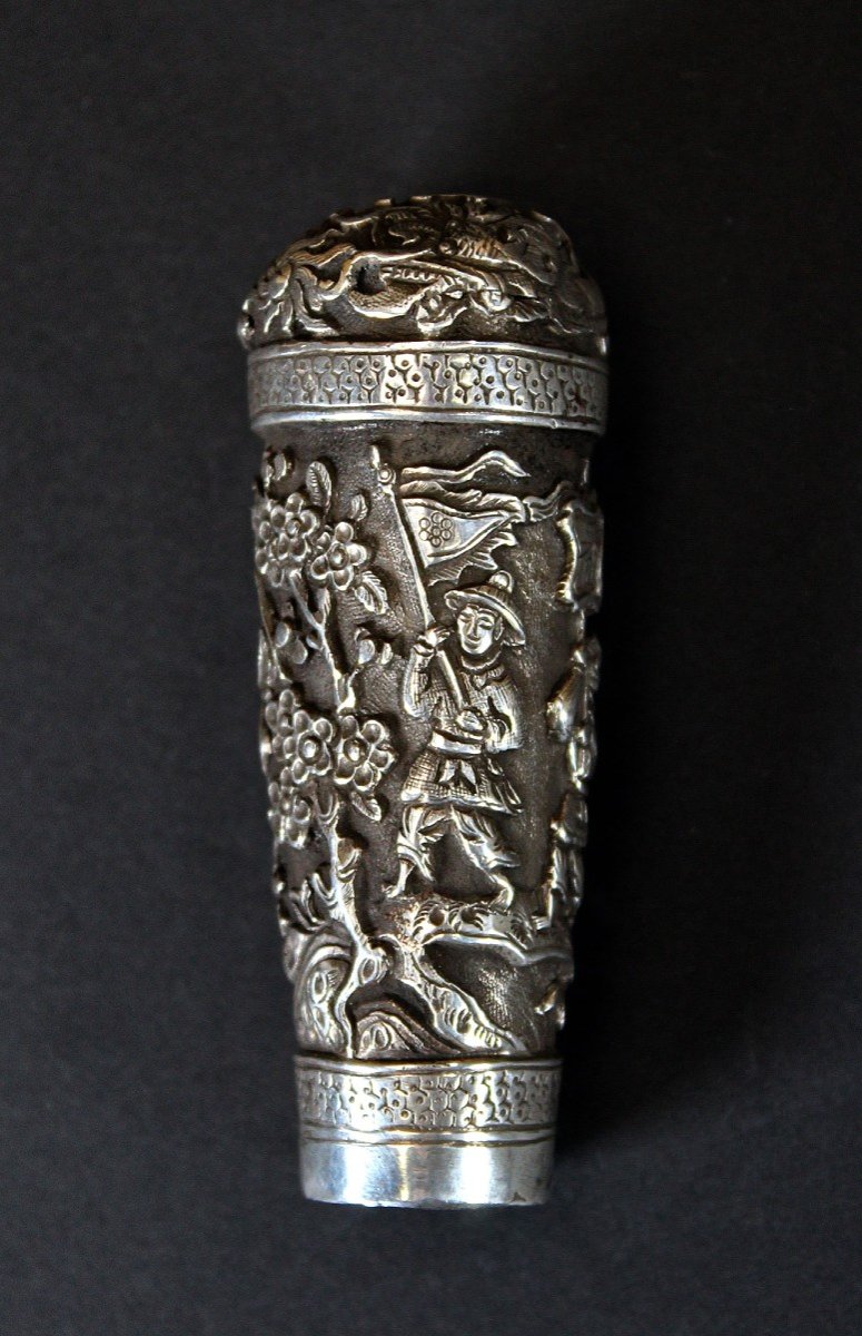 Antique Walking Stick Cane Handle  Chinese Solid Silver Vietnam Vietnamese -photo-1