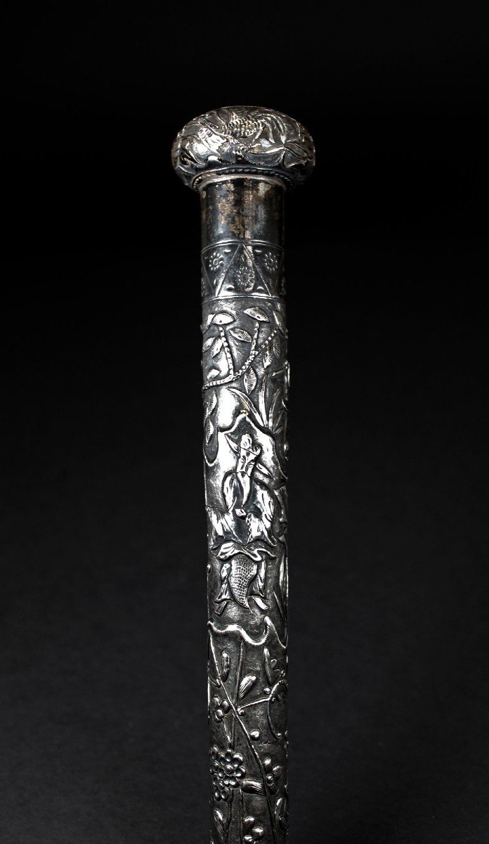 Very Large Antique Walking Stick Cane Handle Parasol Umbrella Solid Silver Chinese Vietnam-photo-3