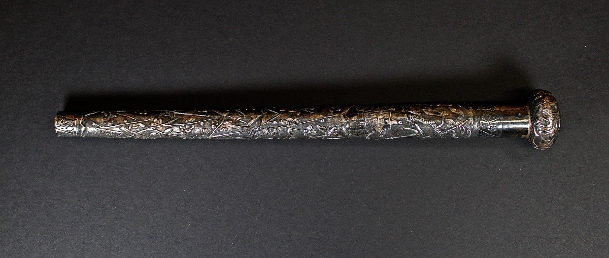 Very Large Antique Walking Stick Cane Handle Parasol Umbrella Solid Silver Chinese Vietnam