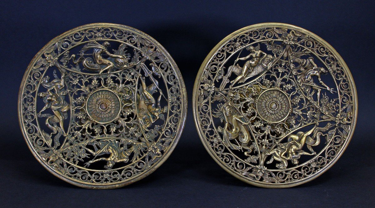 Antique Pair Bronze Tazza Comports  Poseidon & Nereids Dolphins Marine Greek Mythology-photo-3