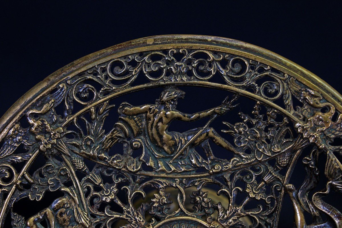 Antique Paire Bronze Tazza Poseidon & Nereids Dauphins Marin mythologie grecque-photo-3