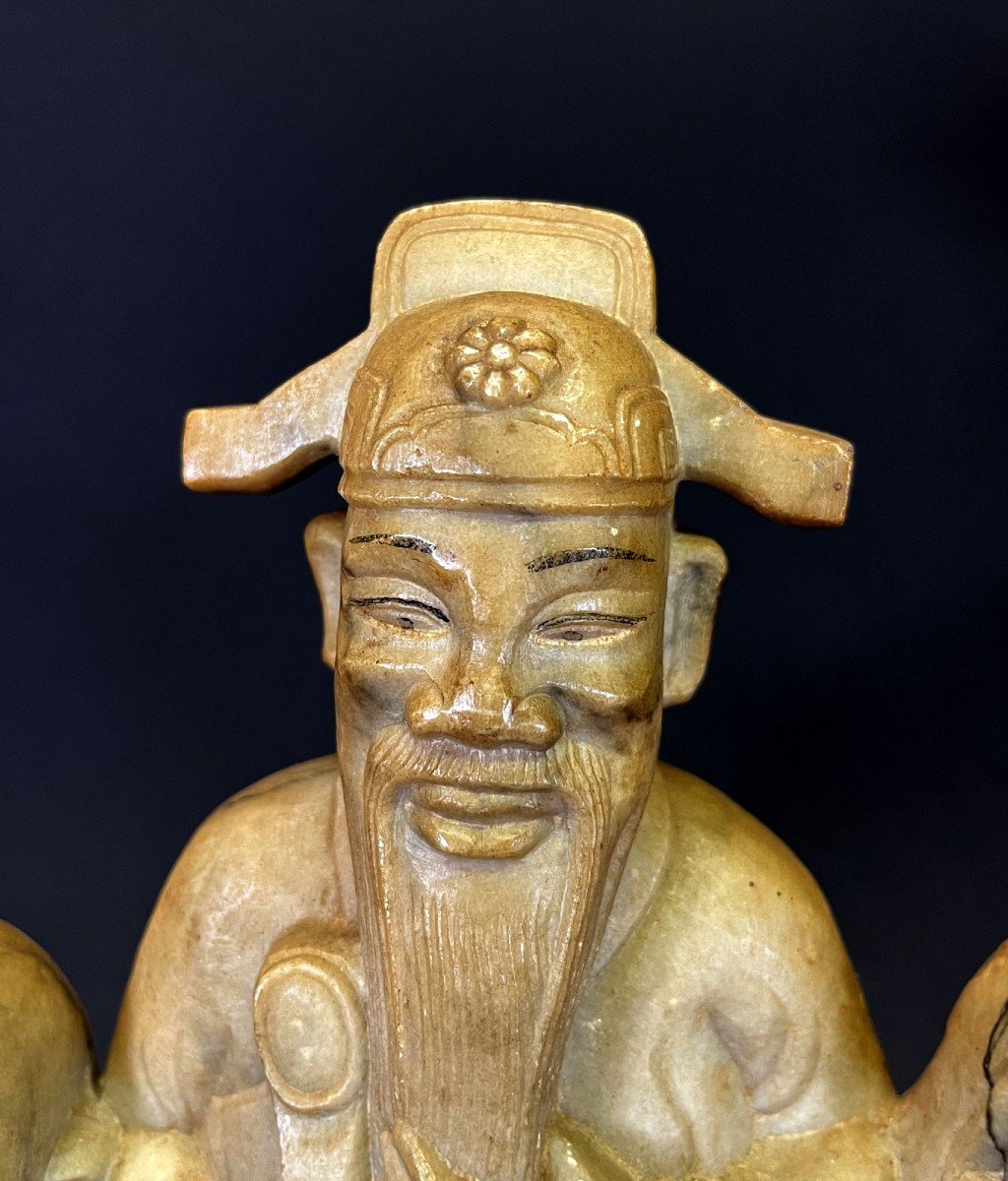 Grande Sculpture En Stéatite Chinoise Antique Trois Dieux étoilés Fortune Prospérité Longévité-photo-3