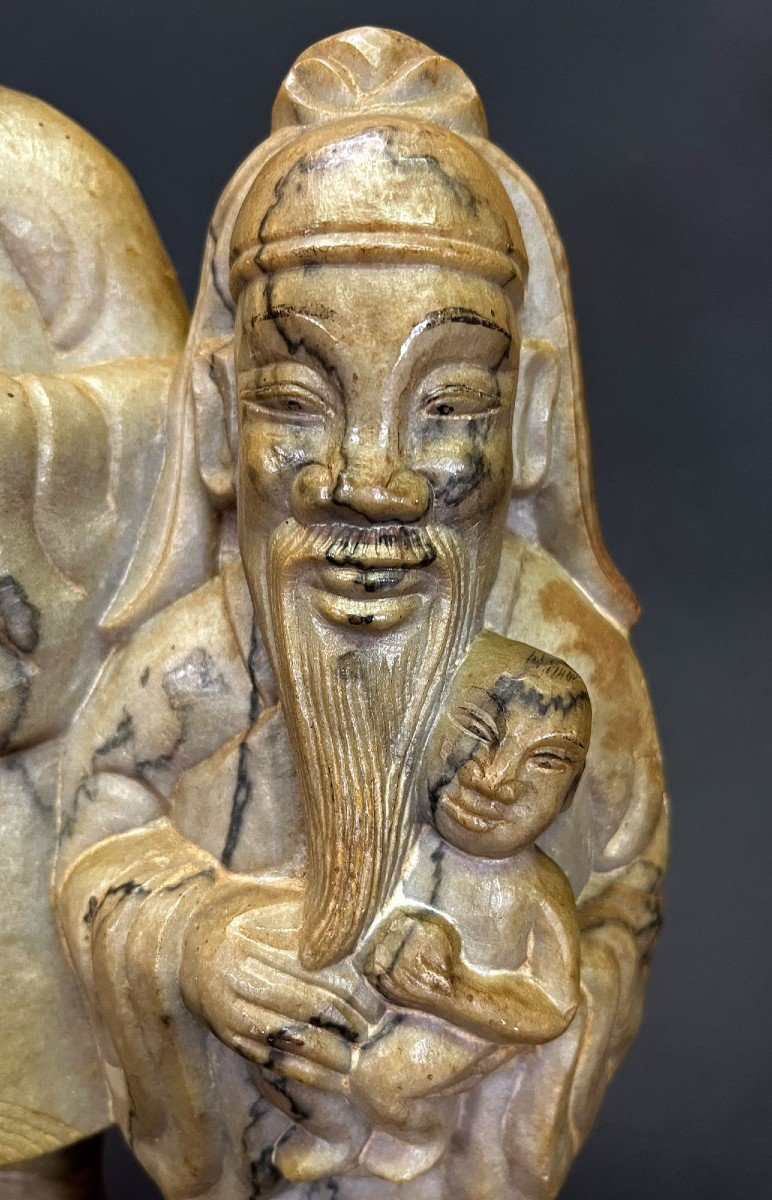 Grande Sculpture En Stéatite Chinoise Antique Trois Dieux étoilés Fortune Prospérité Longévité-photo-4