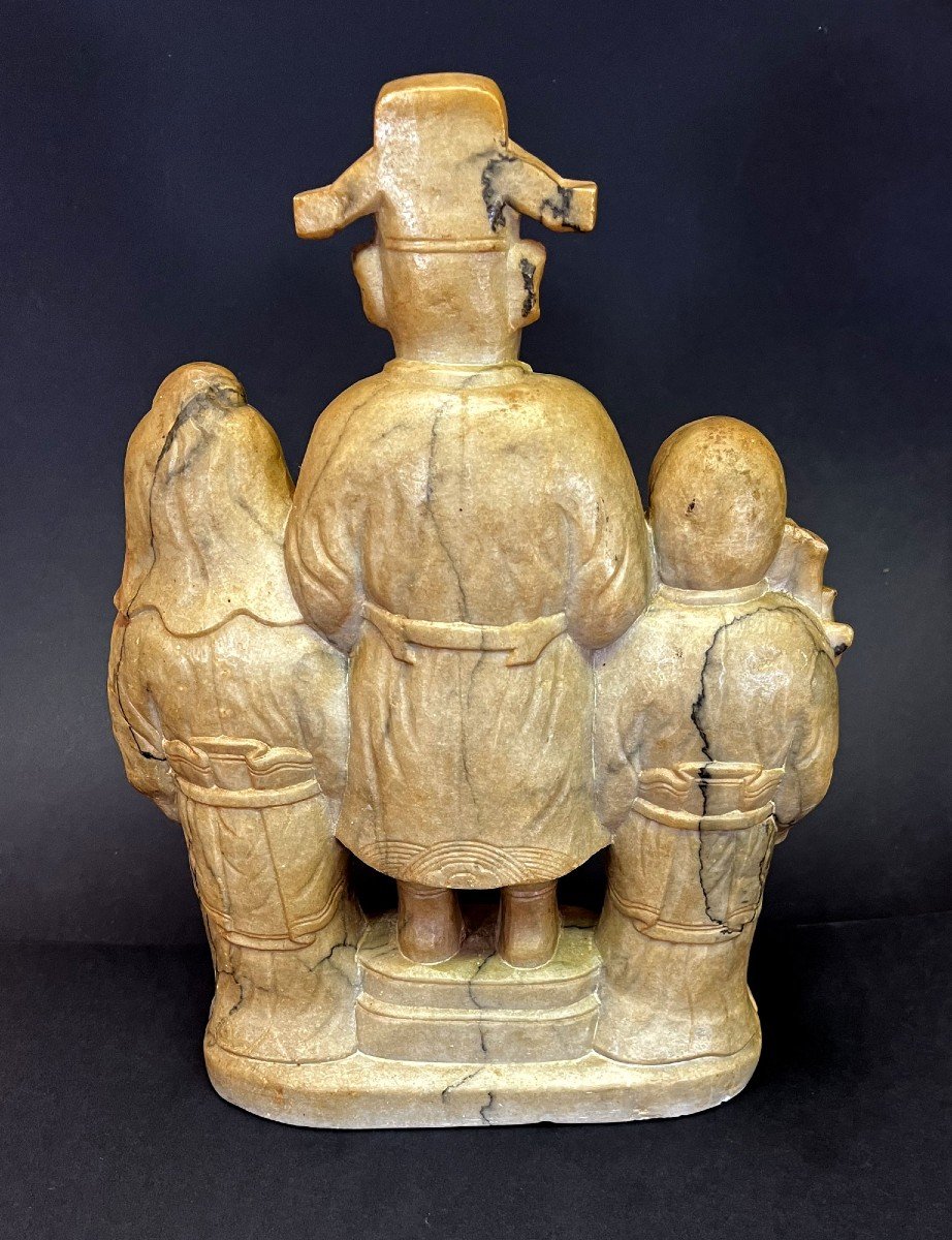 Large Antique Chinese Soapstone Sculpture Three Star Gods Fortune Prosperity Longevity-photo-1