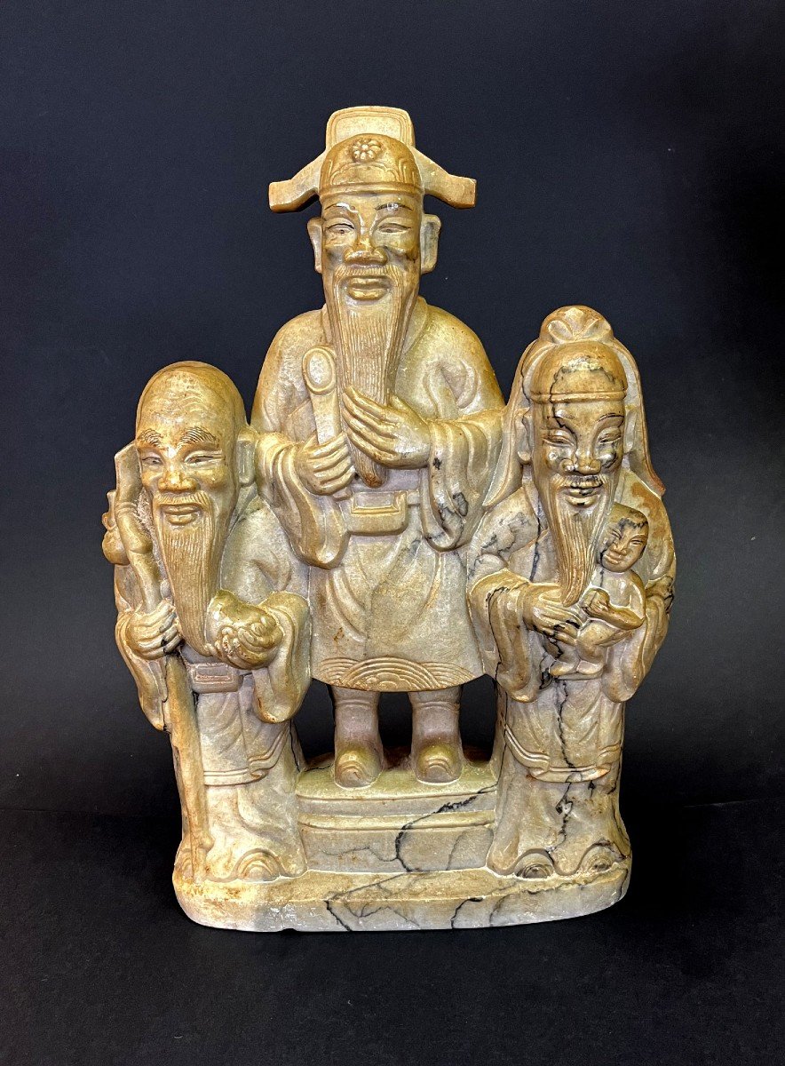 Grande Sculpture En Stéatite Chinoise Antique Trois Dieux étoilés Fortune Prospérité Longévité