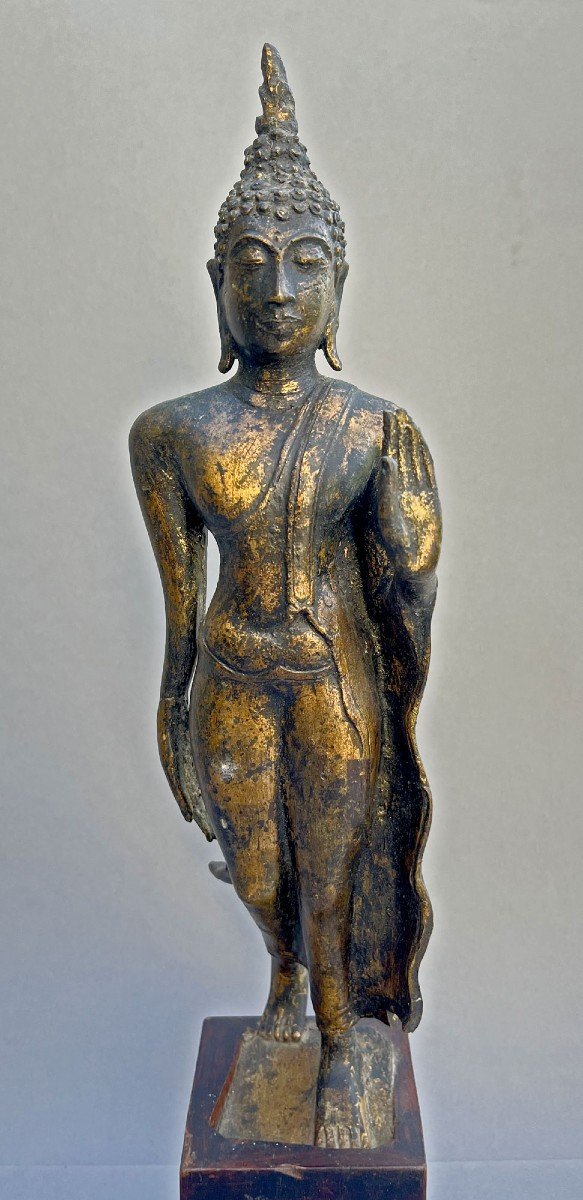 Ancien Bronze Doré Bouddha Marche Thai Style Sukhothai Geste De Réassurance Abhaya Mudra -photo-2