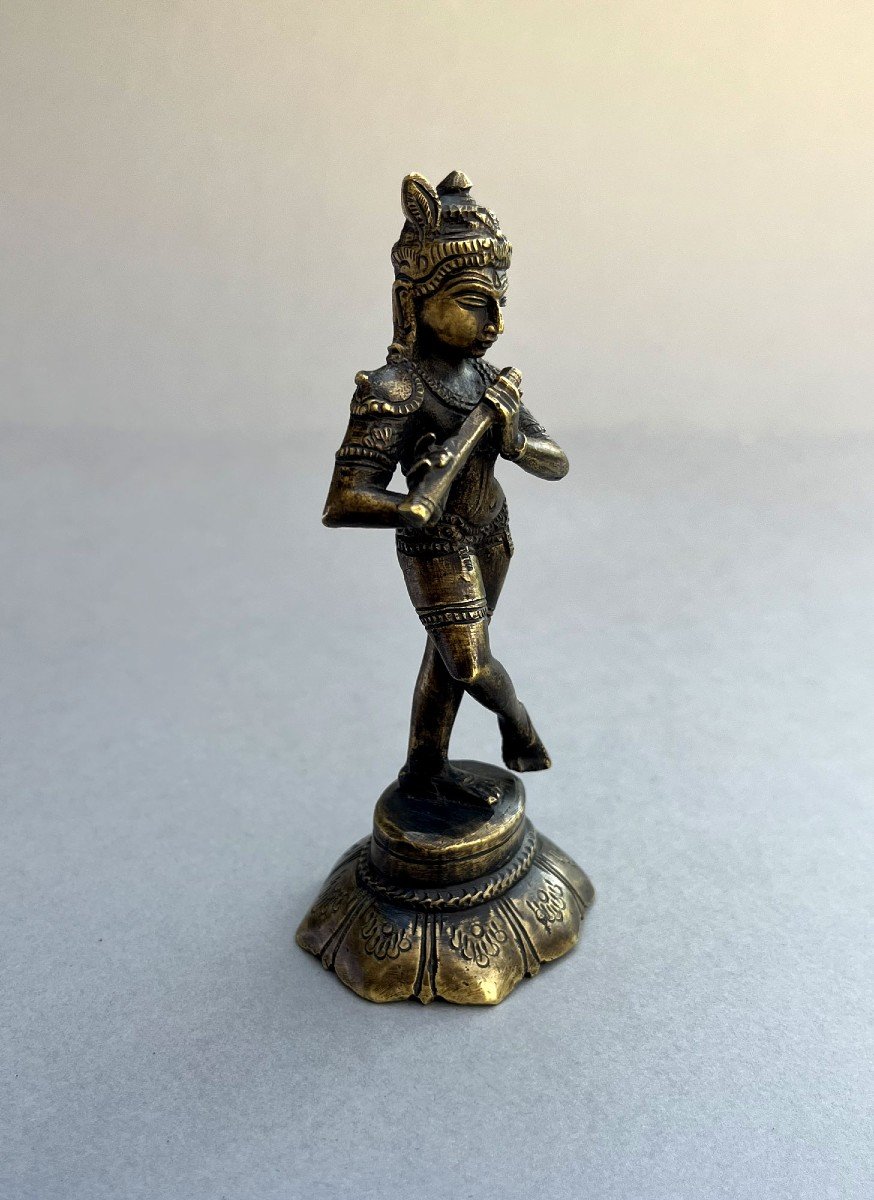 Antique Indian Bronze Krishna Playing Flute Hindu God Of Protection, Compassione Tendress-photo-3