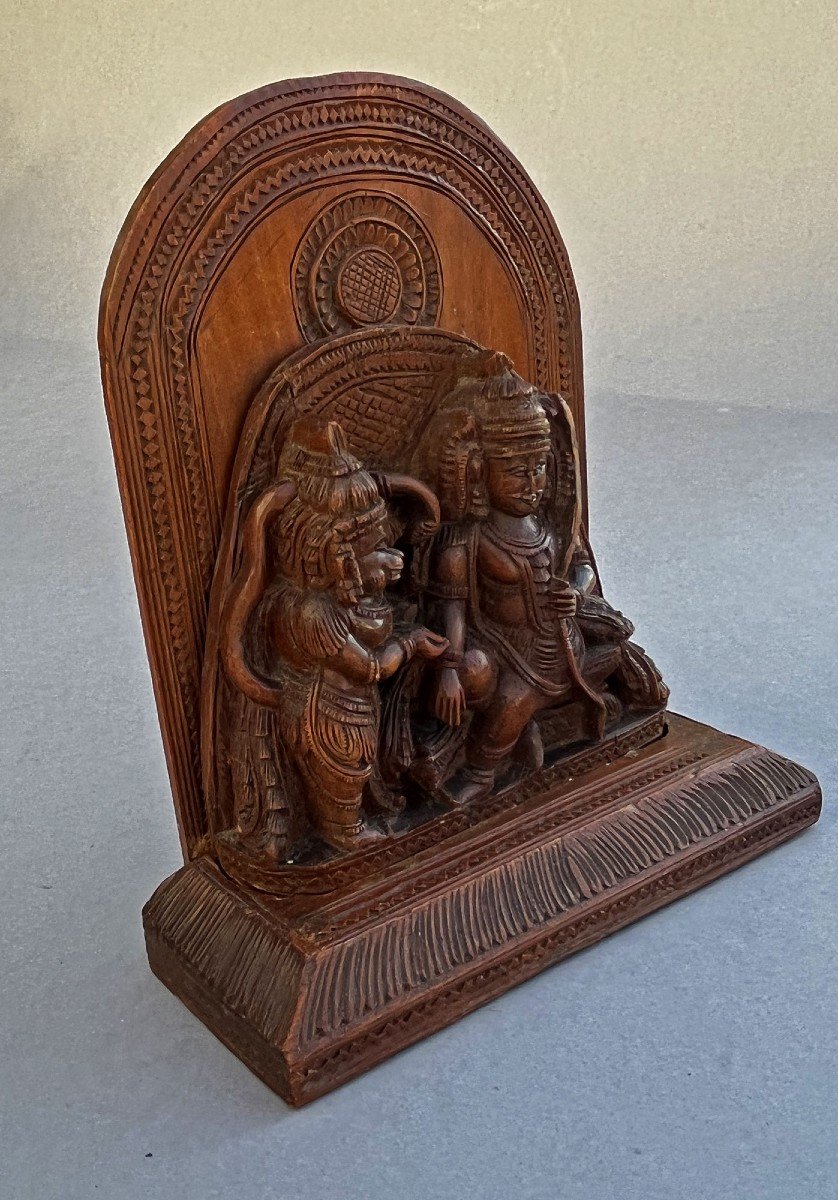 Antique Hanuman Et Rama Indian Temple Hindou Sculpture Sur Bois Dieu Singe-photo-3