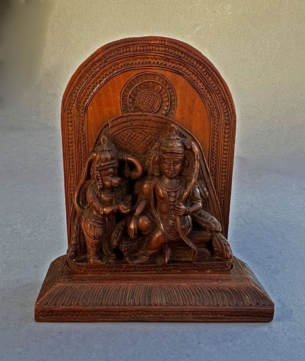 Antique Hanuman Et Rama Indian Temple Hindou Sculpture Sur Bois Dieu Singe