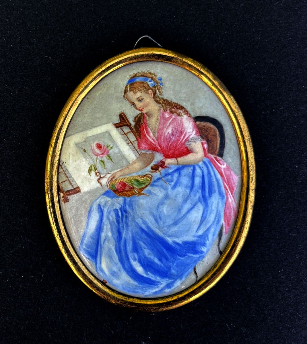 Miniature Painting On Enamel Portrait Of Beautiful Young Lady.