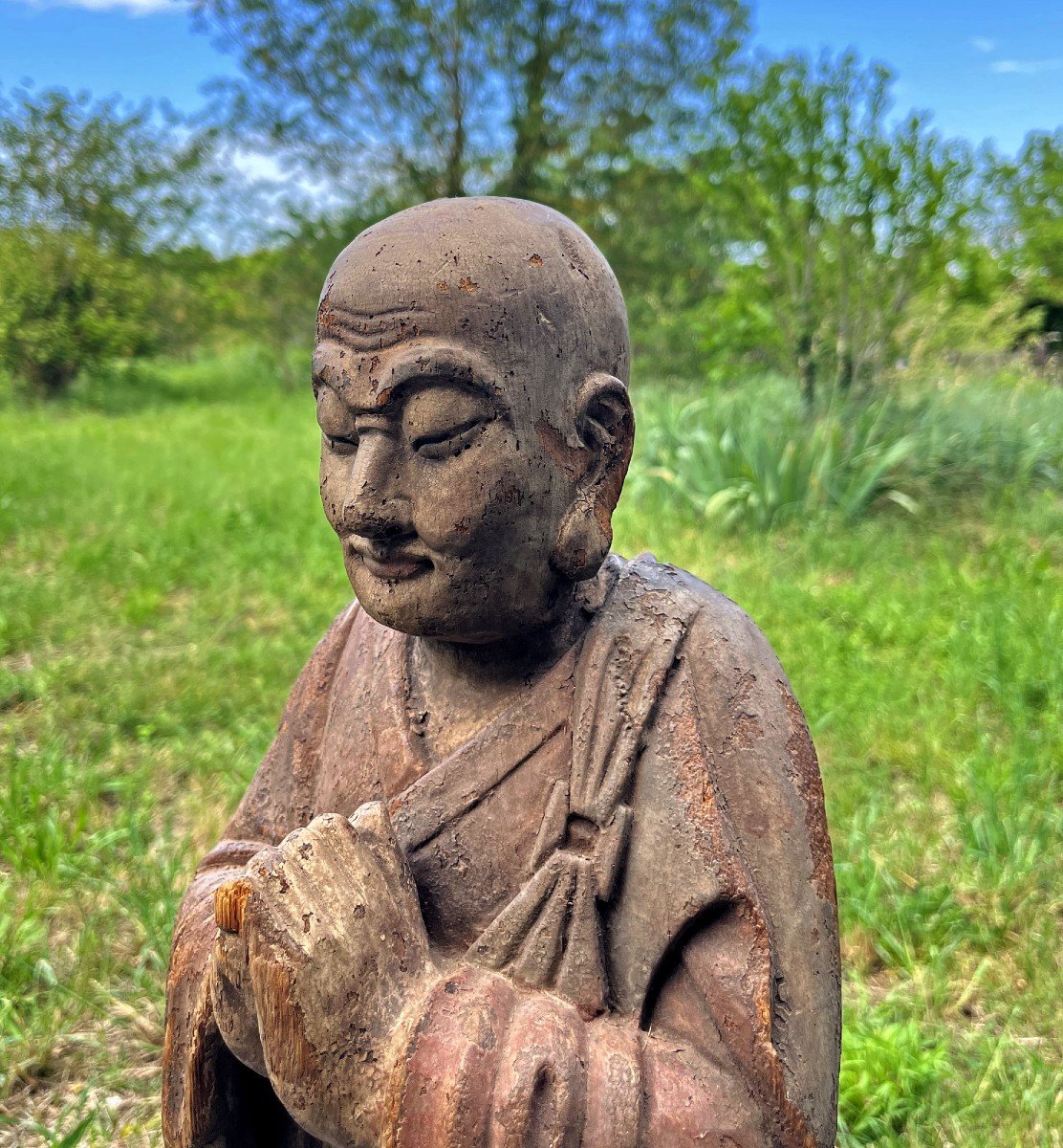 Grand Arhat Chinois En Bois Peint Sculpté Ou Luohan Disciple De Bouddha-photo-2