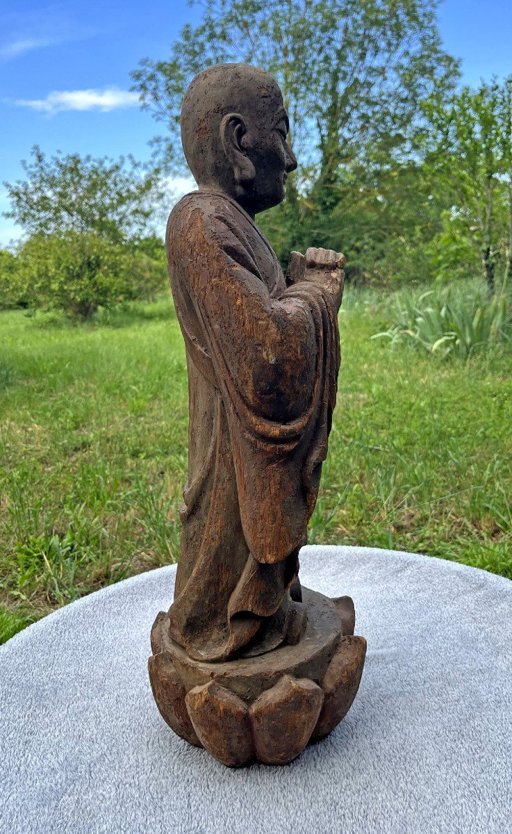 Grand Arhat Chinois En Bois Peint Sculpté Ou Luohan Disciple De Bouddha-photo-3