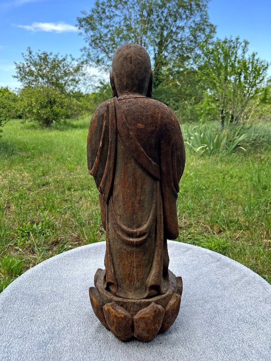Grand Arhat Chinois En Bois Peint Sculpté Ou Luohan Disciple De Bouddha-photo-1