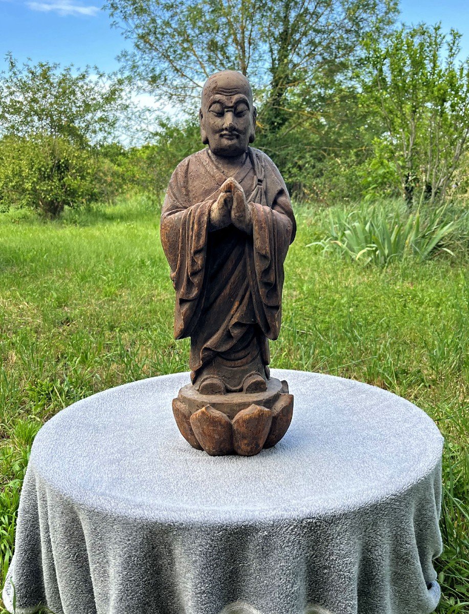 Grand Arhat Chinois En Bois Peint Sculpté Ou Luohan Disciple De Bouddha