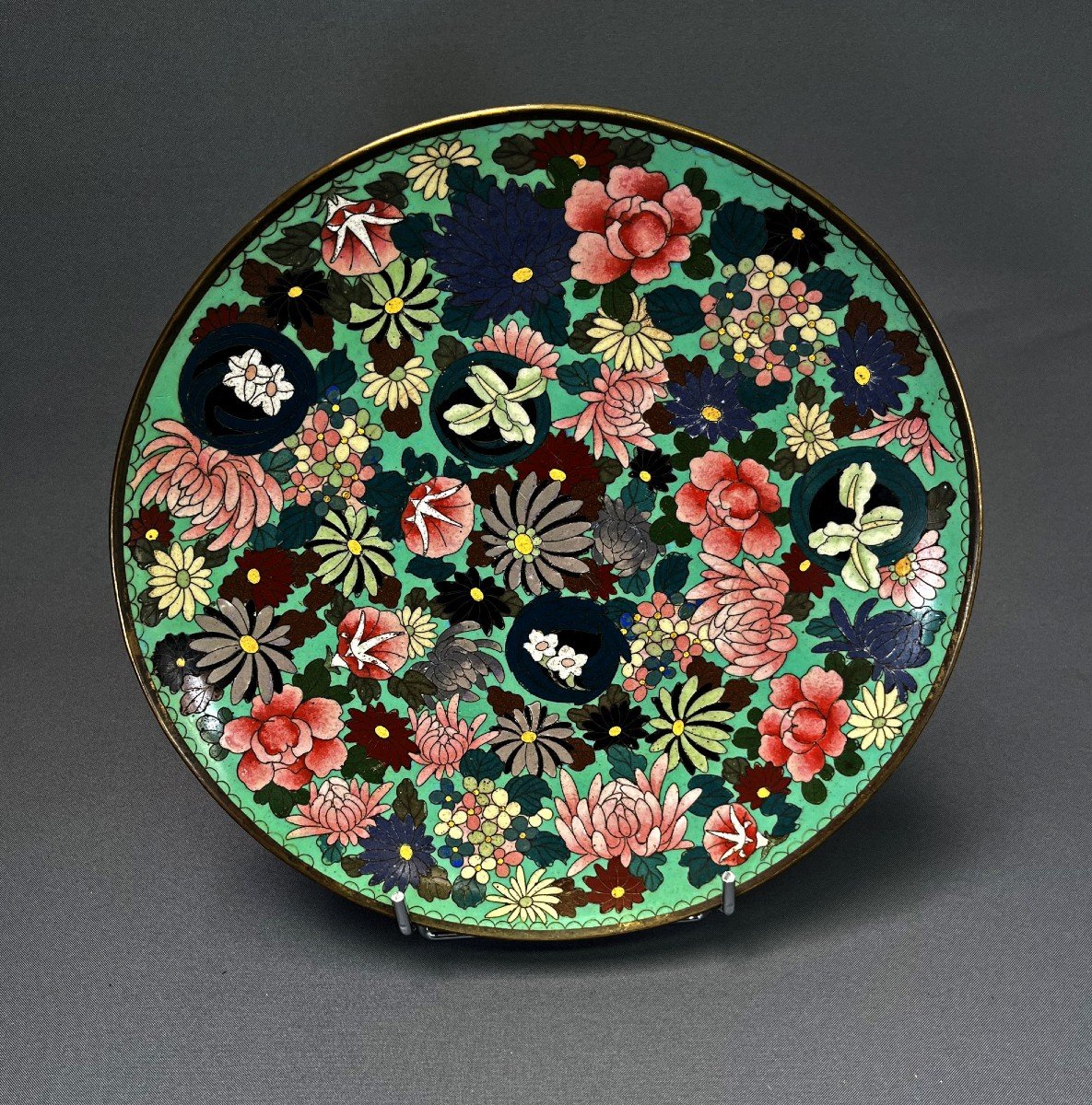 Cloisonné Japonais Ancien Grand Plat Floral Millefiori Période Meiji Vers 1890 - 1900