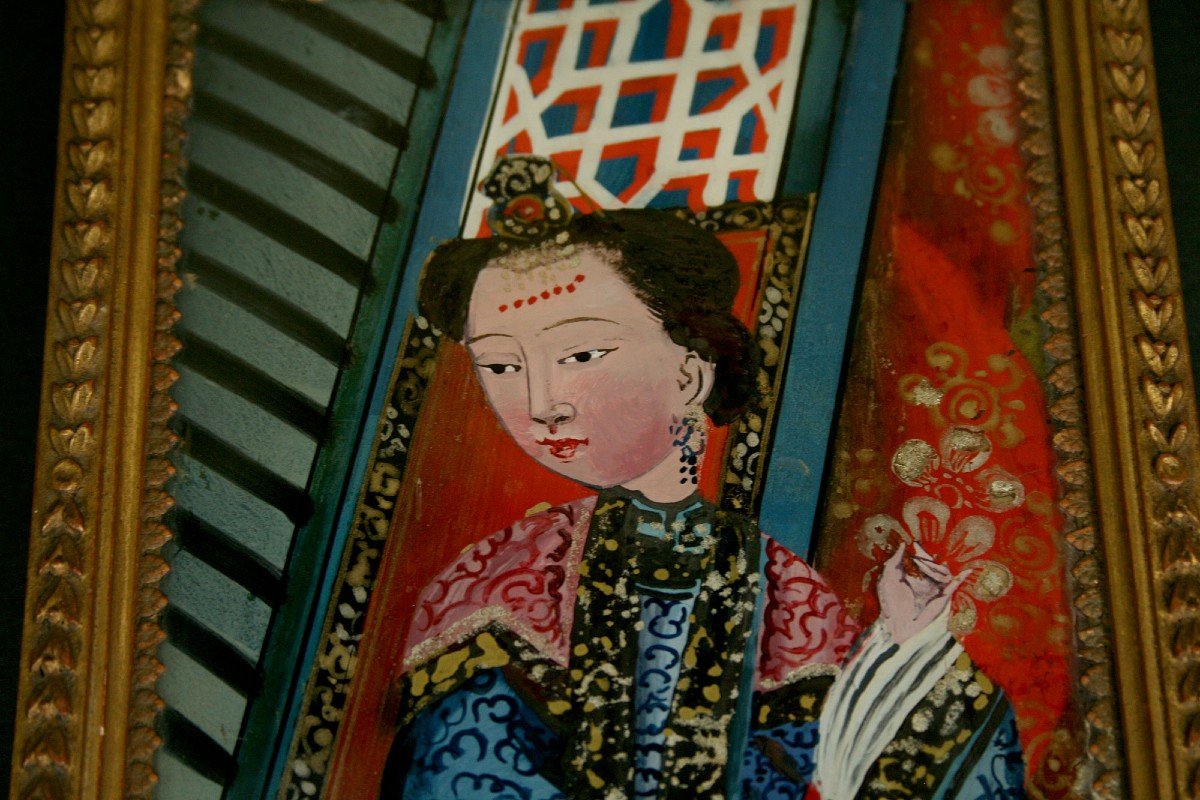 Antique Chinois Peinture  fixé sous verre Belle Fille-photo-2