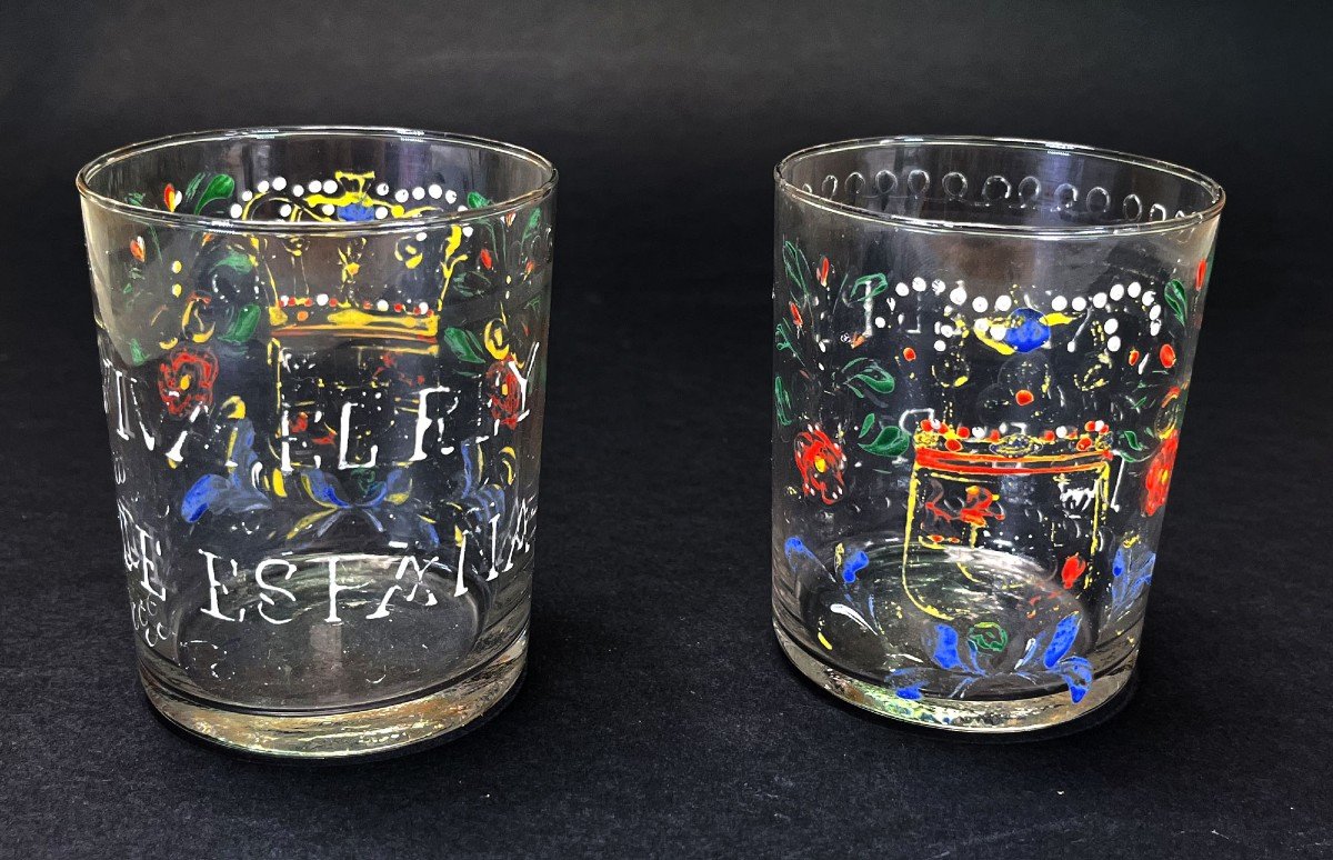 Pair Antique Spanish Tumblers In Enameled Glass 18th Century Viva El Rey De Espana-photo-2