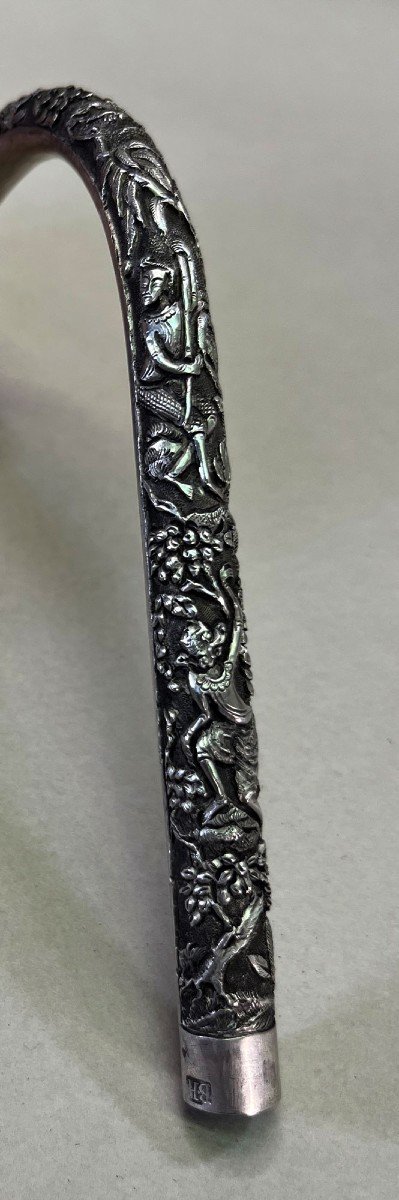 Antique Cane Handle Walking Stick Solid  Silver Cambodian Thai Kymer-photo-3