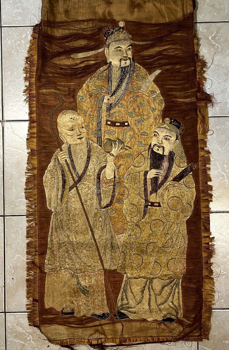 Three Star Gods Large Vietnamese Embroidery Nguyen Dynasty