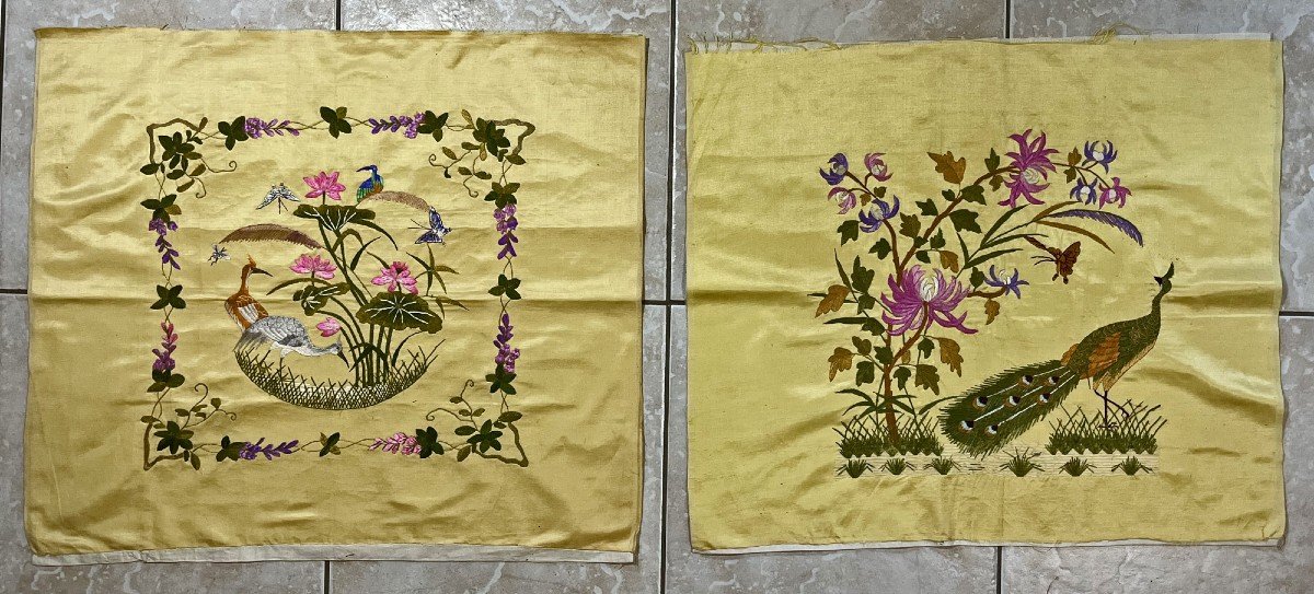 Pair Vietnamese Silk Embroidery Nguyen Dynasty