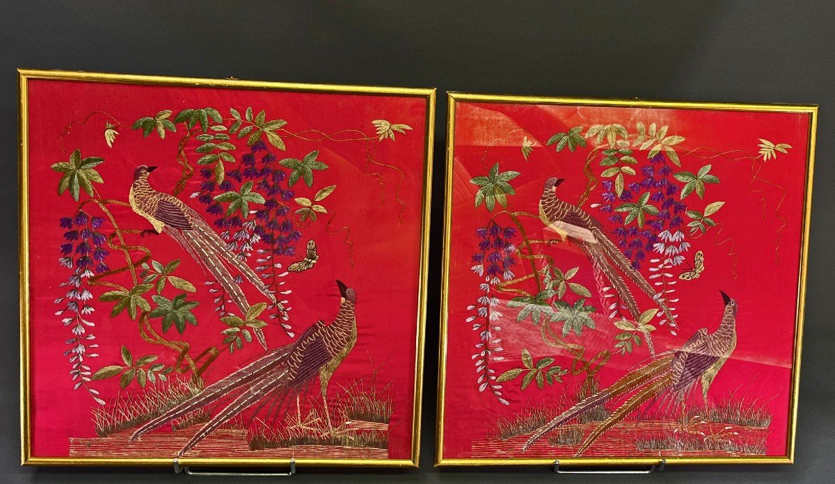 Pair Vietnamese Silk Embroidery Nguyen Dynasty