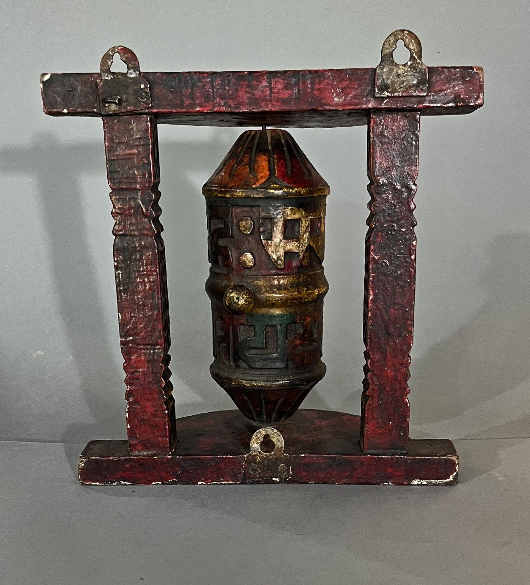 Antique Tibetan Prayer Wheel Wall Mounted Rare Buddhist Temple Om Mani Padme Hum-photo-4