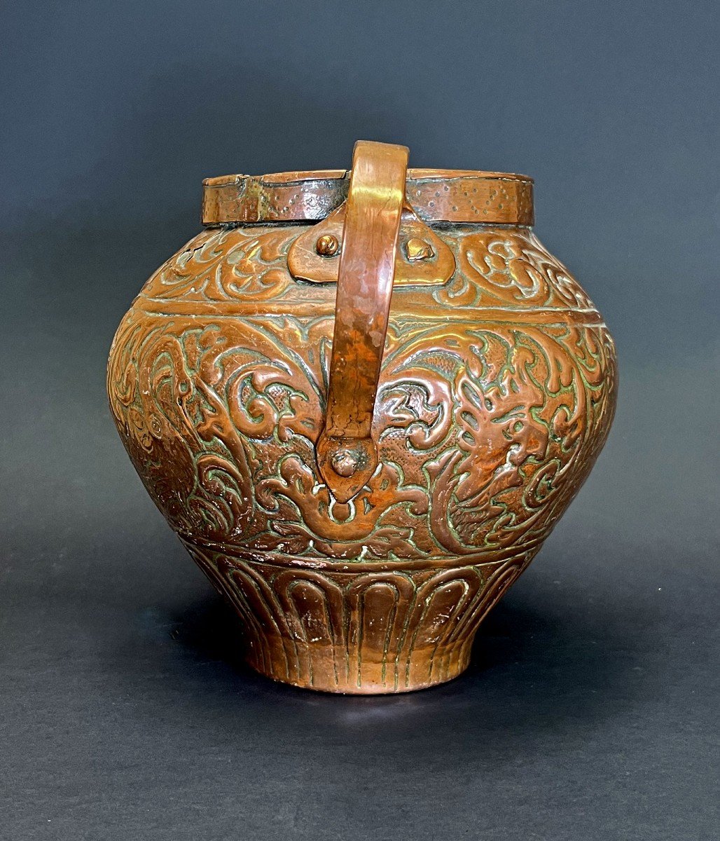 Antique Italian Copper Vase 17th Century Venice Portrait Coat Of Arms-photo-2