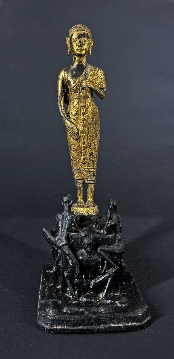 Antique Thai Holy Monk Ratanakosin Gilt Bronze Phra Malai Buddha-photo-3