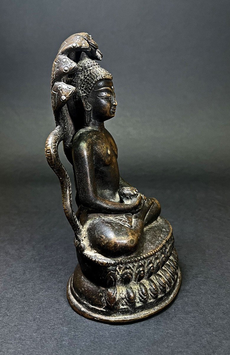Bouddha De Médecine En Bronze Incrusté d'Argent Sino-tibétain Dhyanasana Mudra Naga Tibet Chine-photo-2