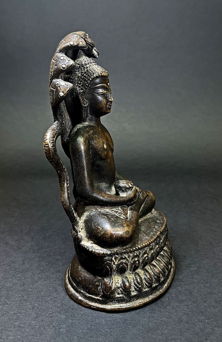 Sino-tibetan Silver Inlaid Bronze Medicine Buddha Dhyanasana Mudra Naga Tibet China-photo-2