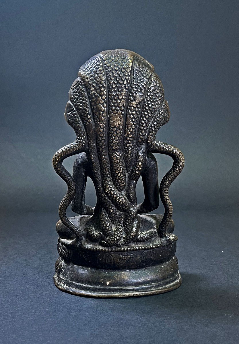 Bouddha De Médecine En Bronze Incrusté d'Argent Sino-tibétain Dhyanasana Mudra Naga Tibet Chine-photo-3