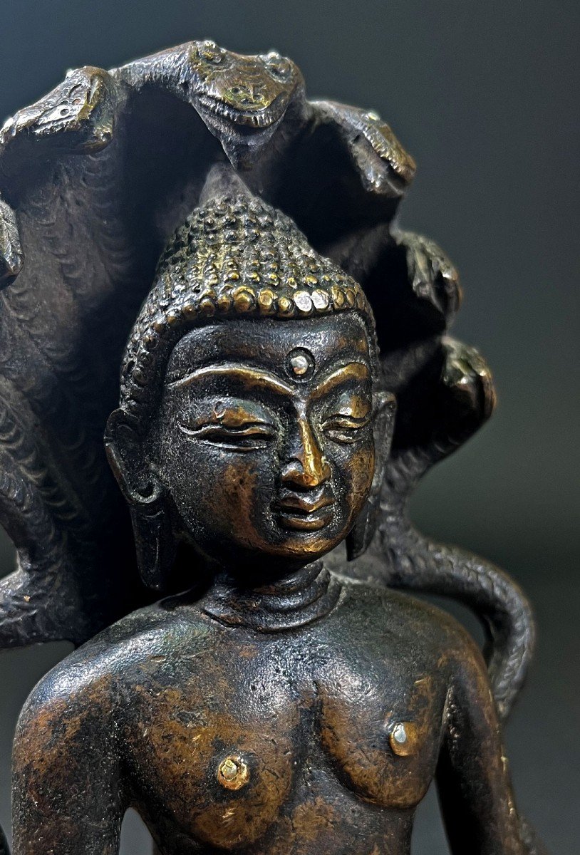 Bouddha De Médecine En Bronze Incrusté d'Argent Sino-tibétain Dhyanasana Mudra Naga Tibet Chine-photo-1