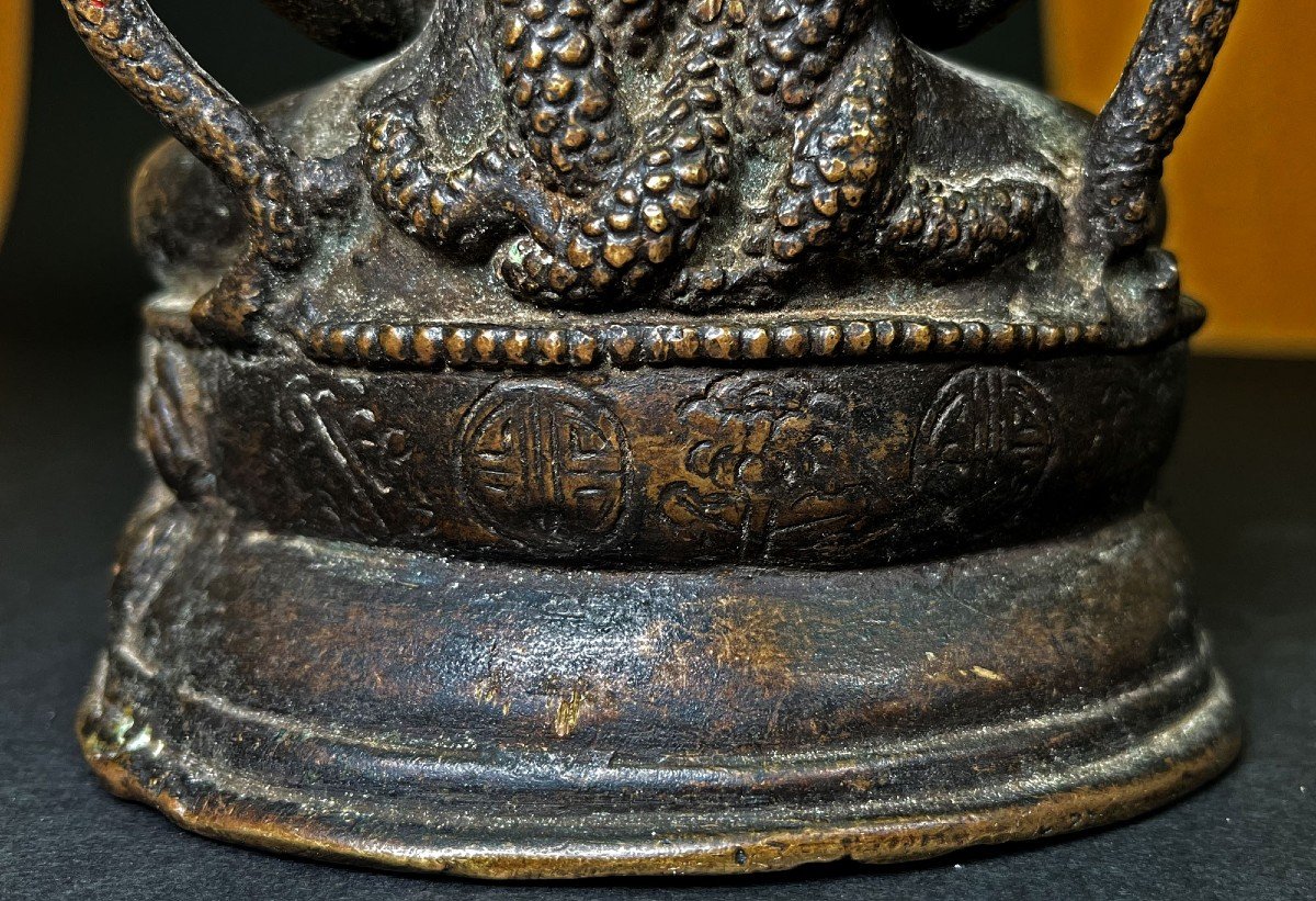 Sino-tibetan Silver Inlaid Bronze Medicine Buddha Dhyanasana Mudra Naga Tibet China-photo-2