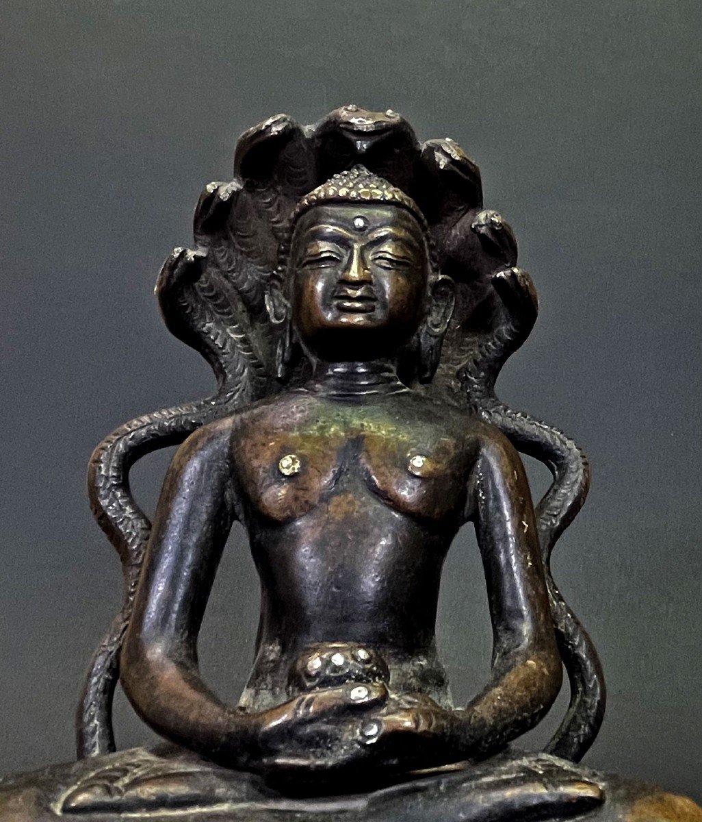 Sino-tibetan Silver Inlaid Bronze Medicine Buddha Dhyanasana Mudra Naga Tibet China-photo-3