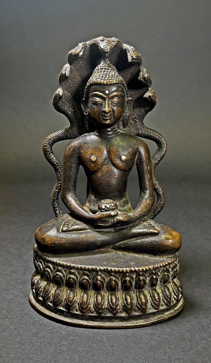 Bouddha De Médecine En Bronze Incrusté d'Argent Sino-tibétain Dhyanasana Mudra Naga Tibet Chine