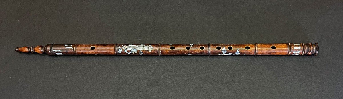 Antique  Vietnamese Flute Carved Wood Inlaid With Mother-of-pearl