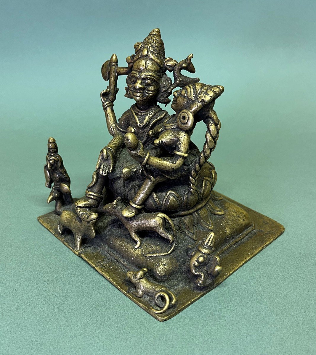 Shiva, Parvati, Ganesha Et Kartikeya En Bronze Indien Antique. Dieux Hindous.-photo-3