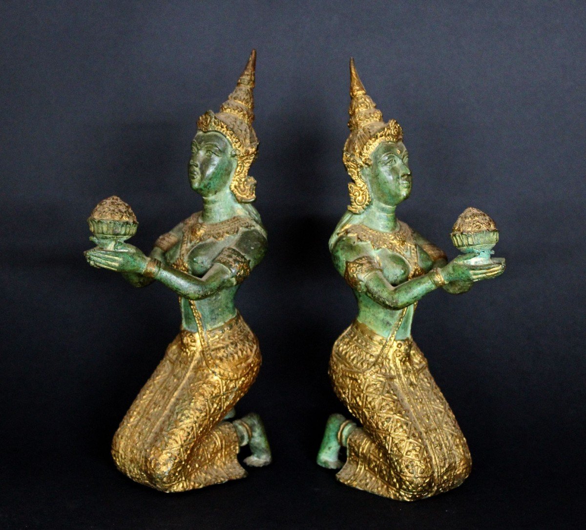 Pair Antique Thai Bronzes Statues Bearing Gifts Thephanom Buddhist Protectors And Guardians-photo-2