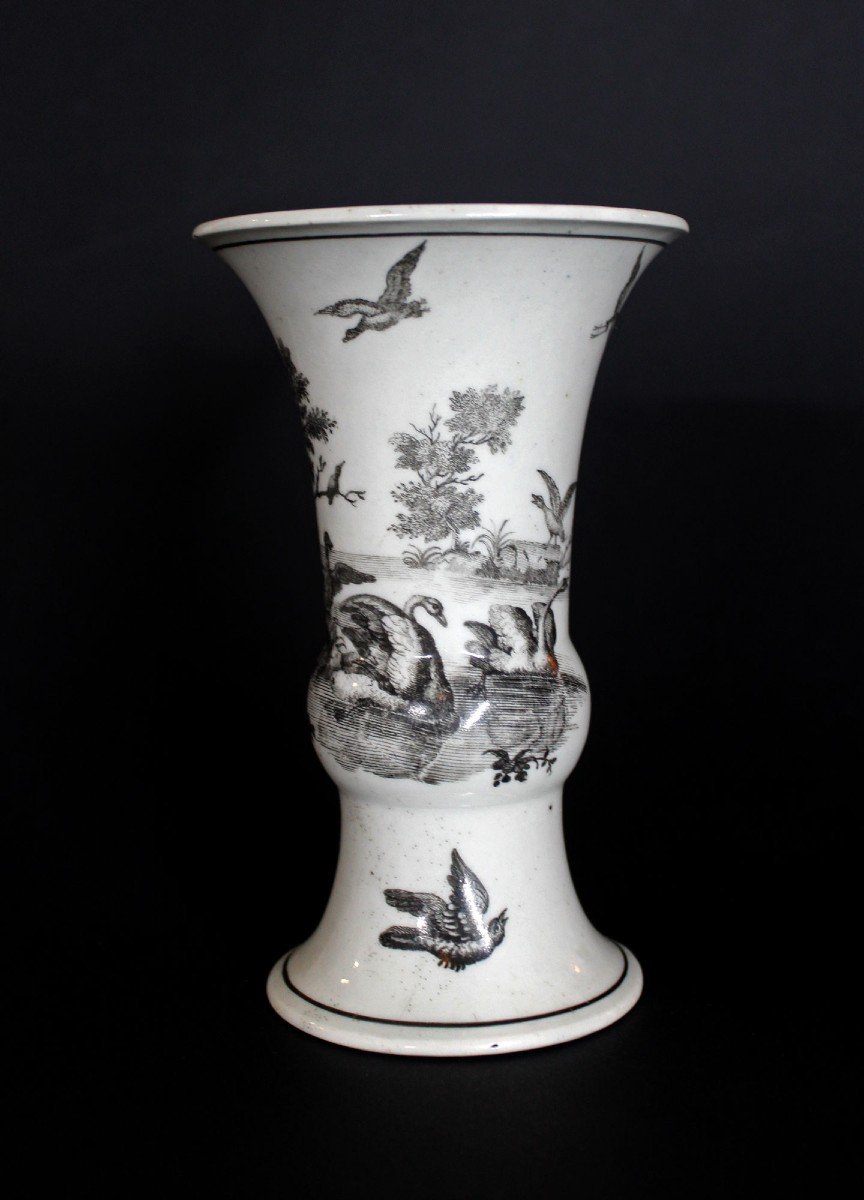 First Period Worcester Porcelain Vase Bird Decoration Black Transfer Circa 1760-photo-3