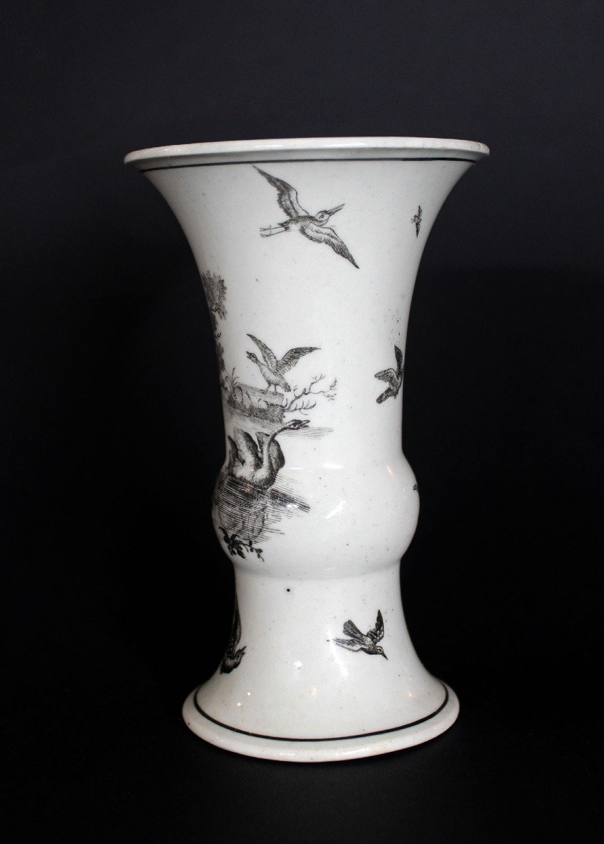First Period Worcester Porcelain Vase Bird Decoration Black Transfer Circa 1760-photo-4