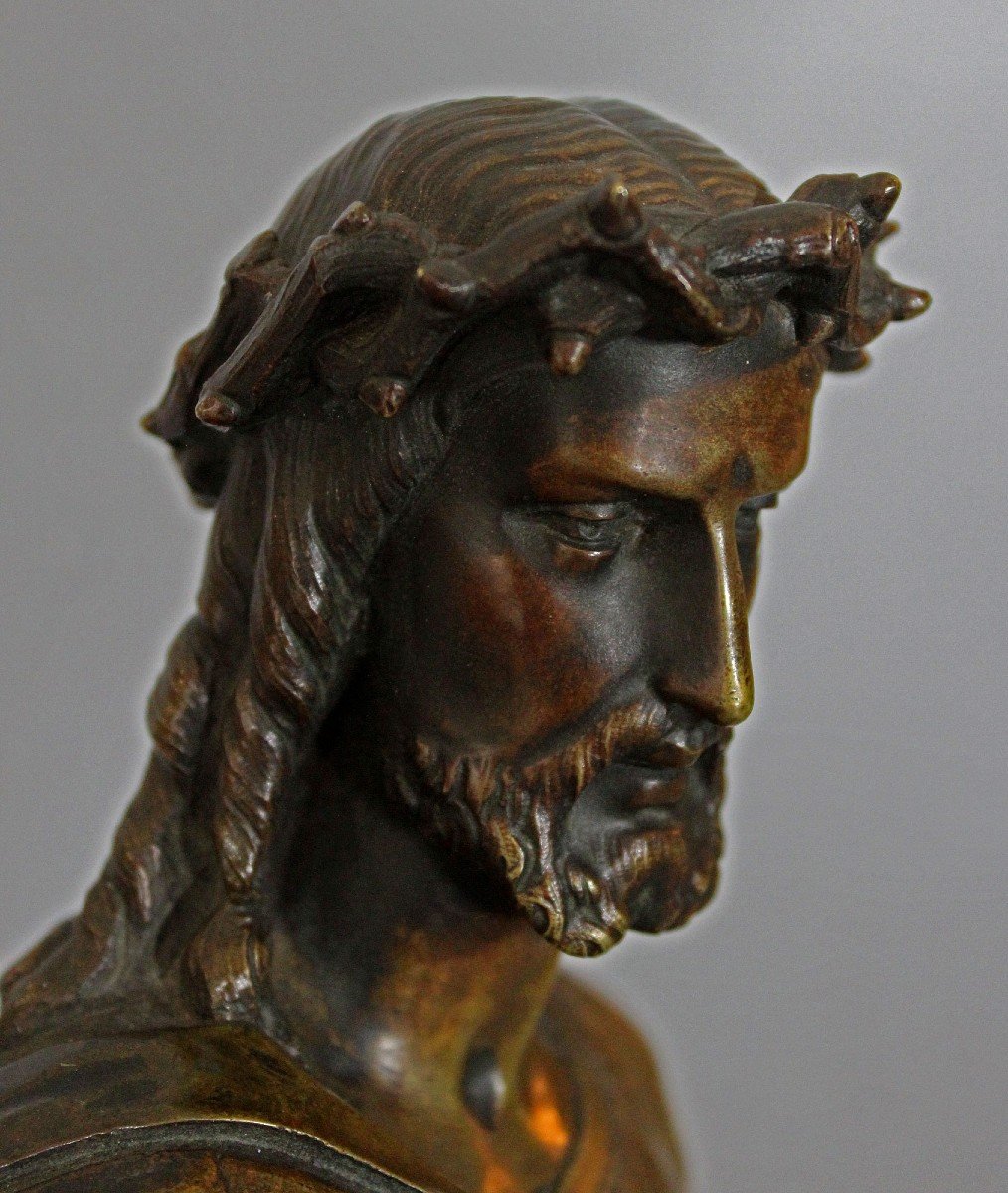 Buste En Bronze Jésus l'Homme Des Douleurs (Christ Couronné d'épines) XIXé-photo-1