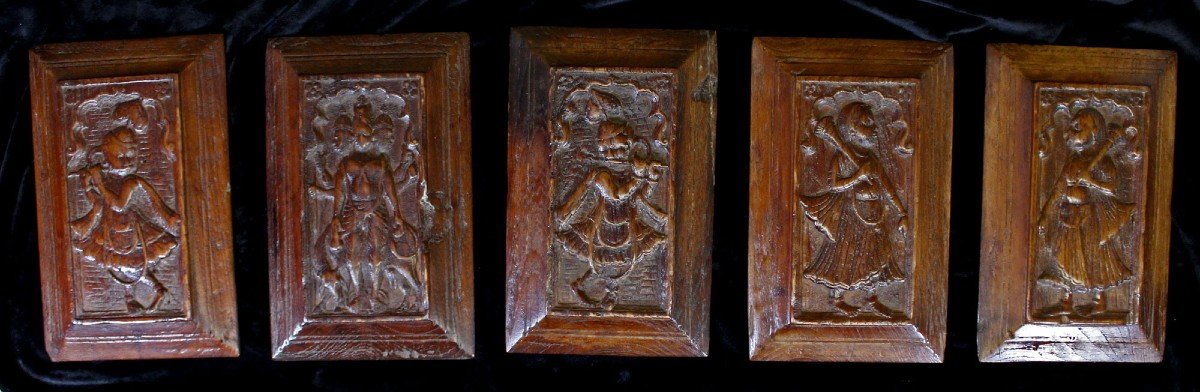 5 Indian Carved Wood Panels God And Goddess Hindu Temple 17th Century