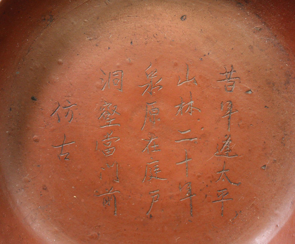 Antique Chinese Yixing Dish Inscribed & Seal Mark-photo-2