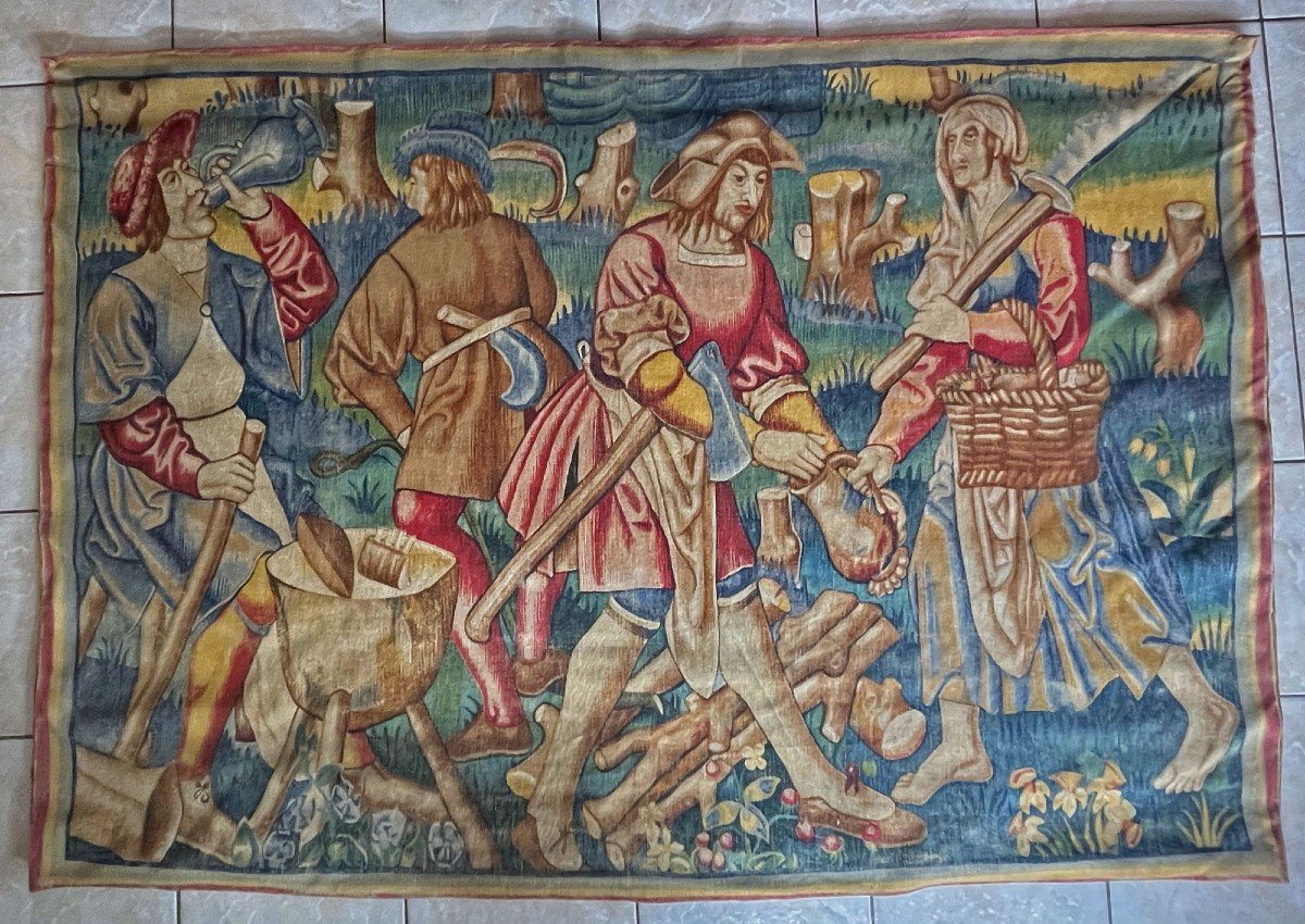 Vintage Copy Of  Flemish Tapestry Tournai Workshops 15th Rural Scene Folk At Work