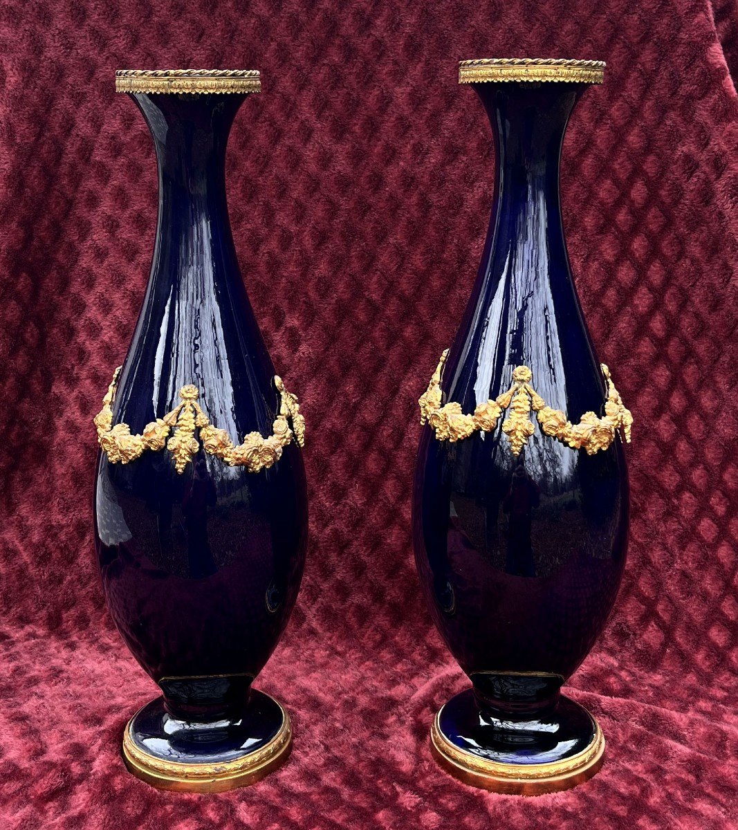 Pair Of Tall Ormulo Blue Sèvres Porcelain Vases In Louis XVI Style, Circa 1900-photo-2