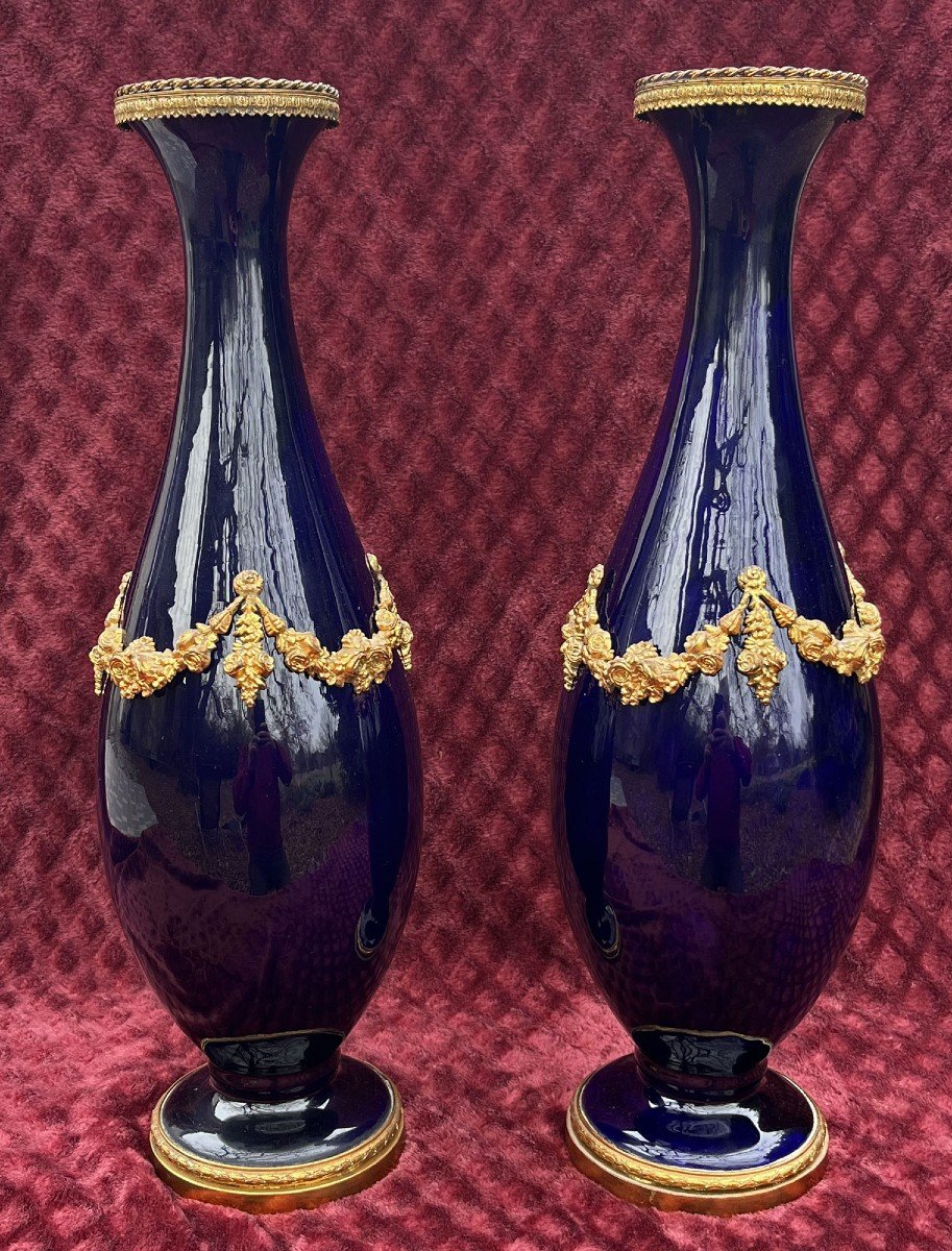 Pair Of Tall Ormulo Blue Sèvres Porcelain Vases In Louis XVI Style, Circa 1900