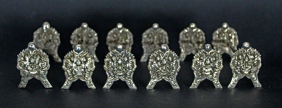 Set Of Six Chopstick Rests Dragon Mask Solid Silver Vietnamese Indochina Nguyen C19th-photo-2