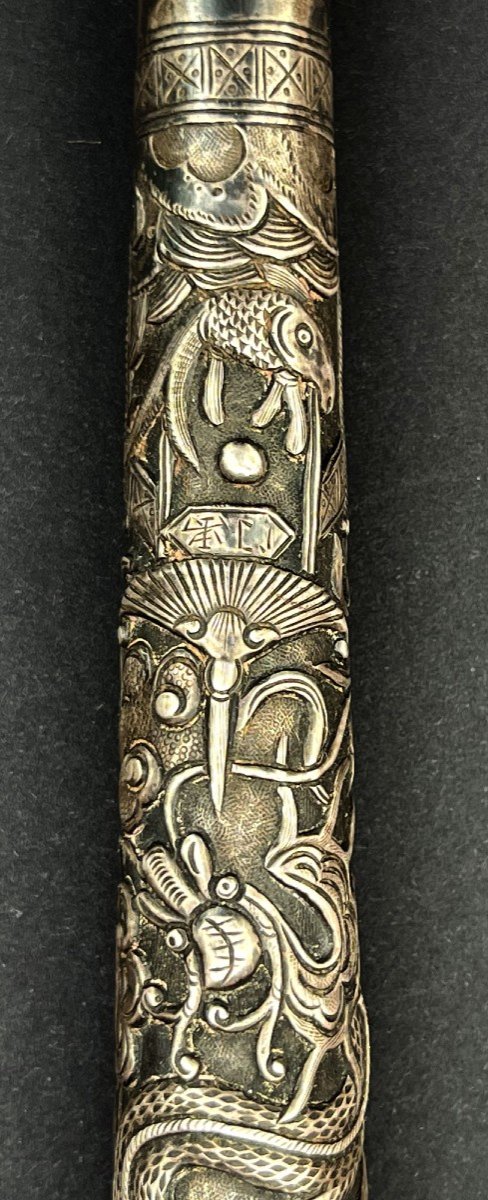 Large Parasol Cane Walking Stick  Handle Solid Silver Chinese Vietnamese Indochine -photo-4