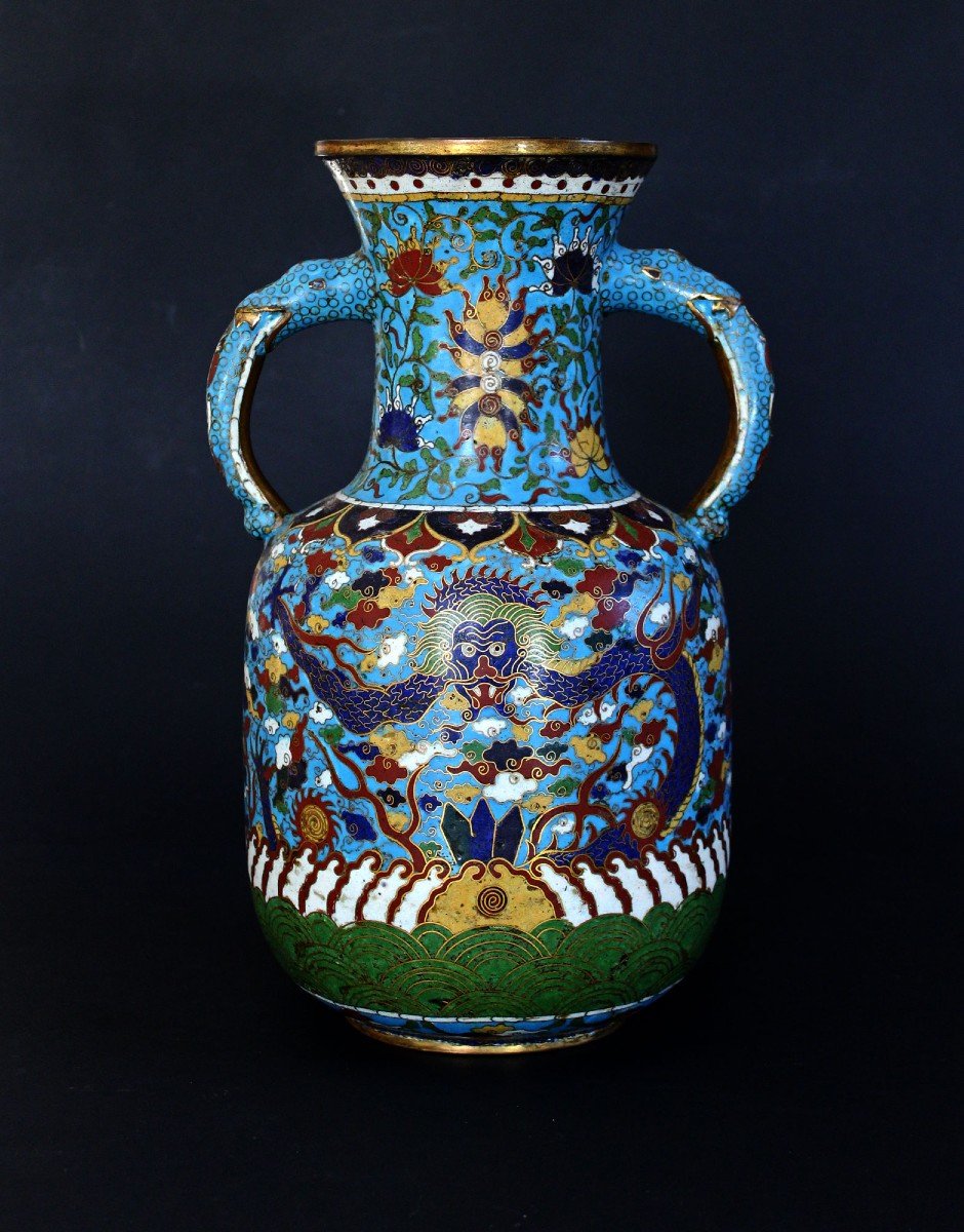 Large Antique Chinese Cloisonne Vase Dragons Jiaqing Period-photo-2